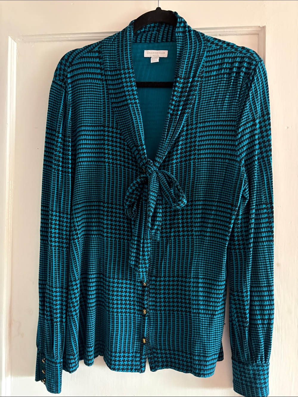 Charter Club Teal Plaid Tie-Neck Blouse with Gold Buttons